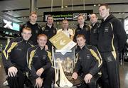 30 November 2011; Former Tipperary manager Liam Sheedy, centre, with Tipperary hurlers, back row from left, Lar Corbett, Brendan Maher, Brendan Cummins, Padraic Maher, Eoin Kelly, and Michael Cahill, front row, Noel McGrath, left, and Paul Curran, prior to departure for San Francisco for the GAA GPA All-Stars Tour 2011 sponsored by Opel.  Dublin Airport, Dublin. Picture credit: Brian Lawless / SPORTSFILE