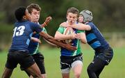 30 November 2011; Stephen Duke, centre, Gorey CS, with support from team-mate Sean Byrne, left, is tackled by Francis Kabamba, left, and Cian Forde, Maynooth PP. McMullen Cup, Gorey CS v Maynooth PP, Naas RFC, Naas, Co. Kildare. Picture credit: Barry Cregg / SPORTSFILE