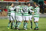 30 November 2011; Ken Oman, Shamrock Rovers, second from left, is congratulated by team-mates, from left, Karl Sheppard, Ronan Finn, James Paterson, Billy Dennehy and Chris Turner, after scoring his side's first goal. UEFA Europe League Group A, Rubin Kazan v Shamrock Rovers, Centralniy Stadion, Kazan, Russia. Picture credit: Maksim Bogodvid / SPORTSFILE