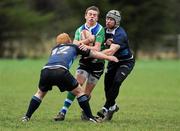30 November 2011; Stephen Duke, Gorey CS, is tackled by Conor Hill-Gunning, left, and Cian Forde, Maynooth PP. McMullen Cup, Gorey CS v Maynooth PP, Naas RFC, Naas, Co. Kildare. Picture credit: Barry Cregg / SPORTSFILE