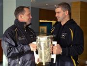 1 December 2011; Davy Fitzgerald and Liam Sheedy, the two team managers, relax with the Liam  MacCarthy Cup at the Sheraton Fisherman's Wharf Hotel in advance of Sunday's game. 2011 GAA GPA All-Stars Hurling Tour sponsored by Opel, Sheraton Fisherman's Wharf Hotel, Mason Street, San Francisco, California, USA. Picture credit: Ray McManus / SPORTSFILE