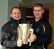 1 December 2011; Davy Fitzgerald and Liam Sheedy, the two team managers, relax with the Liam MacCarthy Cup at the Sheraton Fisherman's Wharf Hotel in advance of Sunday's game. 2011 GAA GPA All-Stars Hurling Tour sponsored by Opel, Sheraton Fisherman's Wharf Hotel, Mason Street, San Francisco, California, USA. Picture credit: Ray McManus / SPORTSFILE