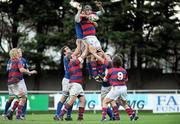 3 December 2011; Conor O'Keeffe, Clontarf, wins possession for his side in a lineout ahead of Ciaran Ruddock, St Mary's College. Ulster Bank League, Division 1A, St Mary's College v Clontarf, Templeville Road, Dublin. Picture credit: Barry Cregg / SPORTSFILE