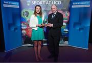 22 May 2017; Deirdre Duke of UCD Ladies Hockey Team, is presented with the Elite Team of the Year Award by Professor Andrew Deeks, President of University College Dublin, during the UCD Sports Awards 2017 at Student Centre, UCD, Belfield, in Dublin. Photo by Sam Barnes/Sportsfile