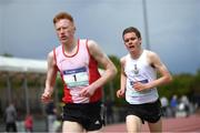 20 May 2017; Eóin O'Dwyer of Belvedere, right, and Sean O'Leary of St Aidan's CBS during the senior boys 5000m event during day 2 of the Irish Life Health Leinster Schools Track & Field Championships at Morton Stadium in Dublin. Photo by Stephen McCarthy/Sportsfile