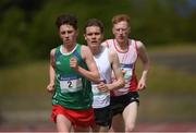 20 May 2017; Competitors, from left, Jamie Battle of Colaiste Mhuire Mullingar, Eóin O'Dwyer of Belvedere and Sean O'Leary of St Aidan's CBS during the senior boys 5000m event during day 2 of the Irish Life Health Leinster Schools Track & Field Championships at Morton Stadium in Dublin. Photo by Stephen McCarthy/Sportsfile