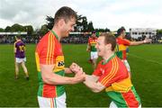 21 May 2017; Carlow's Paul Broderick, left, and Danny Moran celebrates following the Leinster GAA Football Senior Championship Round 1 match between Carlow and Wexford at Netwatch Cullen Park in Carlow. Photo by Ramsey Cardy/Sportsfile