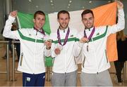 22 May 2017; Robert Heffernan, Alex Wright and Cian McManamon, of the Ireland Men's Race Walking Team, who won bronze in the 20km at The European Race Walking Cup in Podebrady, Czech Republic, pictured on their return at Dublin Airport in Dublin. Photo by Seb Daly/Sportsfile