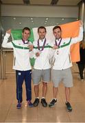 22 May 2017; Robert Heffernan, Alex Wright and Cian McManamon, of the Ireland Men's Race Walking Team, who won bronze in the 20km at The European Race Walking Cup in Podebrady, Czech Republic, pictured on their return at Dublin Airport in Dublin. Photo by Seb Daly/Sportsfile