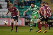 22 May 2017; Brandon Miele of Shamrock Rovers scores his side's second goal despite the efforts of Galway United's Paul Sinnott, left, and Gary Shanahan during the SSE Airtricity League Premier Division match between Shamrock Rovers and Galway United at Tallaght Stadium in Dublin. Photo by Piaras Ó Mídheach/Sportsfile