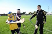 3 December 2011; Brendan Maher, Tipperary, with Conor Casidy, wearing the Clare jersey, and Joseph Howard, Galway, from the San Francisco GAA Club during a coaching session organised as part of the tour. Conor's dad is from Kilfinora, Co. Clare, and Joseph's mother is from Inis Mór, Co. Galway. 2011 GAA GPA All-Stars Hurling Tour sponsored by Opel, Treasure Island, San Francisco, California, USA. Picture credit: Ray McManus / SPORTSFILE