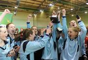6 December 2011; The Convent of Mercy, Roscommon, players celebrate with the cup. FAI All-Ireland Post Primary Schools First Year Futsal Finals, Girls Final, Convent of Mercy, Co. Roscommon, v Presentation Thurles, Co. Tipperary, Franciscan College, Sports Centre, Gormanston, Co. Meath. Picture credit: Brian Lawless / SPORTSFILE
