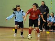 6 December 2011; Hazel McAuliffe, Presentation Thurles, Co. Tipperary, in action against Grainne Whyte, Convent of Mercy, Roscommon. FAI All-Ireland Post Primary Schools First Year Futsal Finals, Franciscan College, Sports Centre, Gormanston, Co. Meath. Picture credit: Brian Lawless / SPORTSFILE