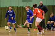6 December 2011; Orla Gardner, Grennan College, Thomastown, Co. Kilkenny, in action against Emma McNulty, St. Columbas College, Stranorlar, Co. Donegal. FAI All-Ireland Post Primary Schools First Year Futsal Finals, Franciscan College, Sports Centre, Gormanston, Co. Meath. Picture credit: Brian Lawless / SPORTSFILE