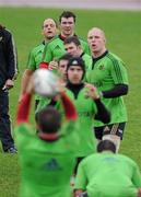 6 December 2011; Munster's players, from top to bottom, BJ Botha, Denis Leamy, Paul O'Connell, Donnacha Ryan, Wian du Preez and Denis Fogarty prepare for a line-out during squad training ahead of their Heineken Cup, Pool 1, Round 3, game against Scarlets on Saturday. Munster Rugby Squad Training, University of Limerick, Limerick. Picture credit: Diarmuid Greene / SPORTSFILE