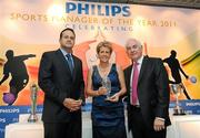 7 December 2011; Anne Keenan Buckley receives her manager of the month award for December from Cel O'Reilly, Managing Director of Philips Ireland, right, and Minister for Transport, Tourism and Sport Leo Varadkar T.D. at the 2011 Philips Sports Manager of the Year awards. The Shelbourne Hotel Dublin, St Stephen's Green, Dublin. Picture credit: Matt Browne / SPORTSFILE