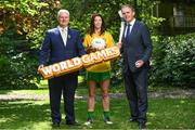 24 May 2017; In attendance at the GAA and the DFA launch of The 2017 Global Games Development Fund at Iveagh House are, from left, Uachtarán Chumann Lúthchleas Aogán Ó Fearghail, Aoife McDonnell of Donegal and Minister for the Diaspora and International Development, Joe McHugh T.D. St. Stephen's Green, Dublin. Photo by Sam Barnes/Sportsfile