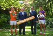 24 May 2017; In attendance at the GAA and the DFA launch of The 2017 Global Games Development Fund at Iveagh House are, from left, Jamie Clarke of Armagh, Uachtarán Chumann Lúthchleas Aogán Ó Fearghail, Minister for the Diaspora and International Development, Joe McHugh T.D. and Lee Chin of Wexford. St. Stephen's Green, Dublin. Photo by Sam Barnes/Sportsfile