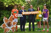 24 May 2017; In attendance at the GAA and the DFA launch of The 2017 Global Games Development Fund at Iveagh House are, from left, Jamie Clarke of Armagh, Uachtarán Chumann Lúthchleas Aogán Ó Fearghail, Minister for the Diaspora and International Development, Joe McHugh T.D., Aoife McDonnell of Donegal, and Lee Chin of Wexford. St. Stephen's Green, Dublin. Photo by Sam Barnes/Sportsfile