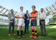 25 May 2017; Tomás Quinlan, centre left, Cork Constitution FC, winner of Top Points Scorer, and Daniel McEvoy, Lansdowne FC, winner of Top Try Scorer, in attendance with Ulster Bank Rugby Ambassadors, from left, Darren Cave, Alan Quinlan, and Luke Fitzgerald, during the Ulster Bank League Awards at the Aviva Stadium in Dublin. Photo by Cody Glenn/Sportsfile