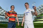 25 May 2017; Daniel McEvoy, left, Lansdowne FC, winner of Top Try Scorer, and Tomás Quinlan, Cork Constitution FC, winner of Top Points Scorer, during the Ulster Bank League Awards at the Aviva Stadium in Dublin. Photo by Cody Glenn/Sportsfile