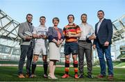 25 May 2017; Tomás Quinlan, second from left, Cork Constitution FC, winner of Top Points Scorer, Daniel McEvoy, fourth from left, Lansdowne FC, winner of Top Try Scorer, pictured with Maeve McMahon, Director of Customer Experience and Products Ulster Bank, and Ulster Bank Rugby Ambassadors, from left, Darren Cave, Luke Fitzgerald, and Alan Quinlan, during the Ulster Bank League Awards at the Aviva Stadium in Dublin. Photo by Cody Glenn/Sportsfile