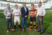 25 May 2017; Tomás Quinlan, second from left, Cork Constitution FC, winner of Top Points Scorer, and Daniel McEvoy, Lansdowne FC, winner of Top Try Scorer, in attendance with Ulster Bank Rugby Ambassadors, from left, Darren Cave, Alan Quinlan, and Luke Fitzgerald, during the Ulster Bank League Awards at the Aviva Stadium in Dublin. Photo by Cody Glenn/Sportsfile