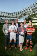 25 May 2017; Tomás Quinlan, second from left, Cork Constitution FC, winner of Top Points Scorer, Daniel McEvoy, fourth from left, Lansdowne FC, winner of Top Try Scorer, pictured with Maeve McMahon, Director of Customer Experience and Products Ulster Bank, and Ulster Bank Rugby Ambassadors, from left, Darren Cave, Luke Fitzgerald, and Alan Quinlan, during the Ulster Bank League Awards at the Aviva Stadium in Dublin. Photo by Cody Glenn/Sportsfile