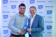 25 May 2017; Cillian Dempsey accepts the award for Ulster Bank Club Volunteer of the Year on behalf of his father Mick Dempsey given by Ireland rugby head coach Joe Schmidt during the Ulster Bank League Awards at the Aviva Stadium in Dublin. Photo by Cody Glenn/Sportsfile