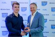25 May 2017; Tomás Quinlan, Cork Constitution, is presented with the Ulster Bank Rising Star Award - Division 1A by Ireland rugby head coach Joe Schmidt during the Ulster Bank League Awards at the Aviva Stadium in Dublin. Photo by Cody Glenn/Sportsfile