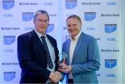 25 May 2017; Cork Constitution coach Brian Hickey is presented with the award for Ulster Coach of the Year - Division 1A by Ireland rugby head coach Joe Schmidt during the Ulster Bank League Awards at the Aviva Stadium in Dublin. Photo by Cody Glenn/Sportsfile