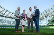 25 May 2017; Maeve McMahon, Director of Customer Experience and Products Ulster Bank, pictured with Ulster Bank Rugby Ambassadors, from left, Darren Cave, Luke Fitzgerald, and Alan Quinlan, during the Ulster Bank League Awards at the Aviva Stadium in Dublin. Photo by Cody Glenn/Sportsfile