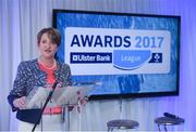 25 May 2017; Maeve McMahon, Director of Customer Experience and Products Ulster Bank, speaking during the Ulster Bank League Awards at the Aviva Stadium in Dublin. Photo by Cody Glenn/Sportsfile