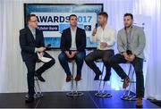 25 May 2017; Ulster Bank Rugby Ambassadors, from right, Darren Cave, Luke Fitzgerald and Alan Quinlan take part in a Q&A panel discussion with MC Damien O'Meara during the Ulster Bank League Awards at the Aviva Stadium in Dublin. Photo by Cody Glenn/Sportsfile