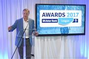 25 May 2017; Ireland rugby head coach Joe Schmidt speaking during the Ulster Bank League Awards at the Aviva Stadium in Dublin. Photo by Cody Glenn/Sportsfile