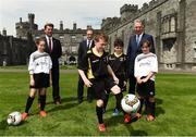 26 May 2017; Republic of Ireland manager Martin O'Neill, centre, with FAI Chief Executive John Delaney, right, and Republic of Ireland senior women's head coach Colin Bell with children Brenda O'Gallachoir and Orla O'Grady, both from Callan, Co. Kilkenny and Alex Begley and Billy O'Shaungnessy, both from Thomastown, Co. Kilkenny, during the launch of the 2017 FAI AGM & Festival of Football at Parade Tower in Kilkenny Castle, Co. Kilkenny. Photo by David Maher/Sportsfile