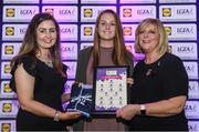 26 May 2017; The Lidl Teams of the League Awards were presented at Croke Park on Friday, May 26th. The best players from the 4 Divisions of the Lidl National Football Leagues are selected in their position on their Divisional team. Managers from opposition teams voted for the most impressive players from each match with the player receiving the most votes selected in their position on their Divisions best fifteen. Clare Walsh, centre, of Wicklow is pictured receiving her Team of the League award from LGFA President, Marie Hickey, right, and Lidl representative, Laura Byrne. Photo by Sam Barnes/Sportsfile