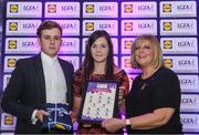 26 May 2017; The Lidl Teams of the League Awards were presented at Croke Park on Friday, May 26th. The best players from the 4 Divisions of the Lidl National Football Leagues are selected in their position on their Divisional team. Managers from opposition teams voted for the most impressive players from each match with the player receiving the most votes selected in their position on their Divisions best fifteen. Clara Donnelley of Wexford is pictured receiving her Team of the League award from LGFA President, Marie Hickey, right, and Lidl representative, Jay Wilson. Photo by Sam Barnes/Sportsfile