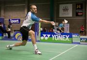 9 December 2011; Scott Evans, Ireland, in action during his match against Rajiv Ouseph, England. Yonex Irish National Badminton Championship First and Second Rounds, Lisburn, Co. Antrim. Picture credit: Barry Cregg / SPORTSFILE