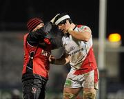 9 December 2011; Stephen Ferris, Ulster, getting assistance from Dr Michael Webb. Heineken Cup, Pool 4, Round 3, Ulster v Aironi, Ravenhill Park, Belfast, Co. Antrim. Picture credit: Oliver McVeigh / SPORTSFILE