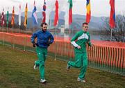 10 December 2011; Gary Thornton, left, and Mark Hanrahan, who will both represent Ireland in the Senior Men's race, train on the course ahead of the 18th SPAR European Cross Country Championships on Sunday. Velenje, Slovenia. Picture credit: Stephen McCarthy / SPORTSFILE