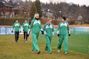 10 December 2011; Irish athletes, from left, Aoife Culhane, Fionnuala Britton and Kerry Harty, who will represent Ireland in the Senior Women's race, walk the course ahead of the 18th SPAR European Cross Country Championships on Sunday. Velenje, Slovenia. Picture credit: Stephen McCarthy / SPORTSFILE