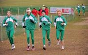 10 December 2011; Irish athletes, from left, Kerry Harty, Aoife Culhane and Elish Kelly, who represent Ireland in the Senior Women's race, with Kate Veale, who will represent Ireland in the Junior Women's race, train on the course ahead of the 18th SPAR European Cross Country Championships on Sunday. Velenje, Slovenia. Picture credit: Stephen McCarthy / SPORTSFILE