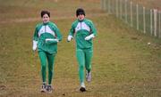 10 December 2011; Irish athletes, Una Britton, left, and Sarah Louise Treacy, who will both represent Ireland in the U23 Women's race, train on the course ahead of the 18th SPAR European Cross Country Championships on Sunday. Velenje, Slovenia. Picture credit: Stephen McCarthy / SPORTSFILE