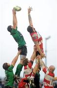 10 December 2011; Dave Gannon, Connacht, wins possession in the line-out against Jim Hamilton, Gloucester. Heineken Cup, Pool 6, Round 3, Connacht v Gloucester, Sportsground, Galway. Picture credit: Pat Murphy / SPORTSFILE