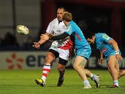 9 December 2011; John Afoa, Ulster, is tackled by Giulio Toniolatti, Aironi. Heineken Cup, Pool 4, Round 3, Ulster v Aironi, Ravenhill Park, Belfast, Co. Antrim. Picture credit: Oliver McVeigh / SPORTSFILE