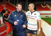 10 December 2011; Munster's Simon Zebo and Peter O'Mahony, left, leave the pitch after victory over Scarlets. Heineken Cup, Pool 1, Round 3, Scarlets v Munster, Parc Y Scarlets, Llanelli, Wales. Picture credit: Diarmuid Greene / SPORTSFILE