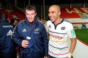 10 December 2011; Munster's Simon Zebo and Peter O'Mahony, left, leave the pitch after victory over Scarlets. Heineken Cup, Pool 1, Round 3, Scarlets v Munster, Parc Y Scarlets, Llanelli, Wales. Picture credit: Diarmuid Greene / SPORTSFILE