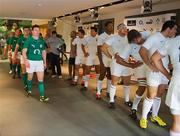 20 August 2011; Ireland captain Brian O'Driscoll leads his side out before the game. Rugby World Cup Warm-up game, Ireland v France, Aviva Stadium, Lansdowne Road, Dublin. Picture credit: Brendan Moran / SPORTSFILE