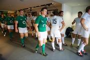 20 August 2011; Ireland captain Brian O'Driscol, followed by Cian Healy and Rory Best, leads his side out before the game. Rugby World Cup Warm-up game, Ireland v France, Aviva Stadium, Lansdowne Road, Dublin. Picture credit: Brendan Moran / SPORTSFILE